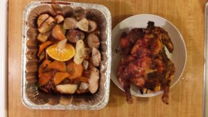 Whole roasted chicken and vegetables is great for Thanksgiving.