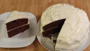 Devil's food cake using cake mix and cream cheese frosting.